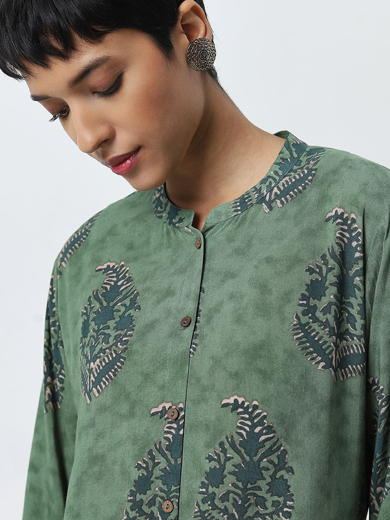 Utsa Green Printed A-Line Cotton Kurta