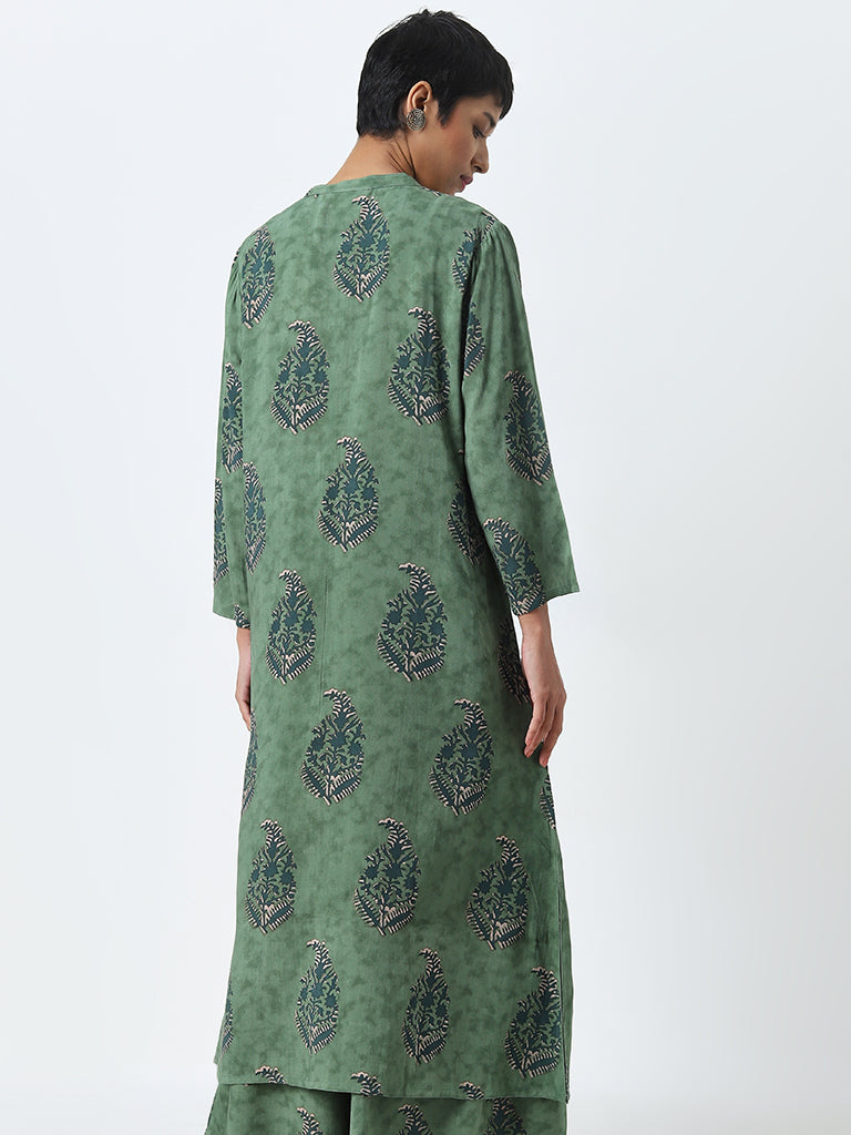 Utsa Green Printed A-Line Cotton Kurta