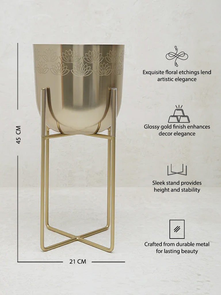 Westside Home Gold Floral Etched Cross Planter with Stand