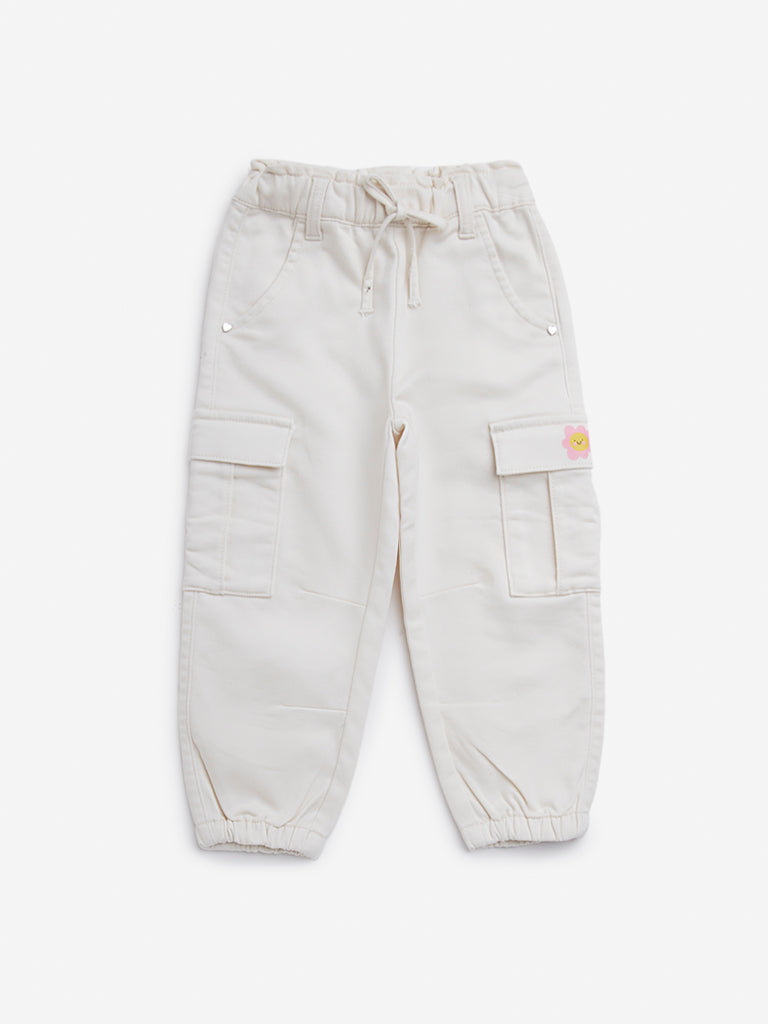 HOP Kids Off-White Mid-Rise Cotton Blend Joggers