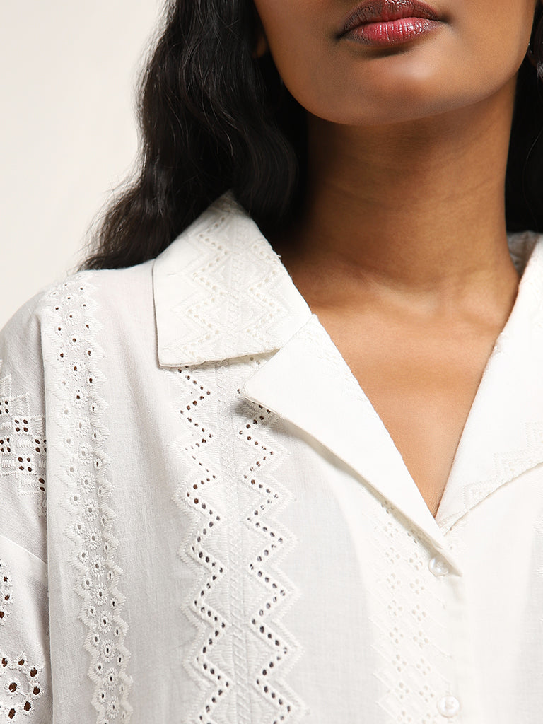 LOV White Schiffli Design Cotton Shirt