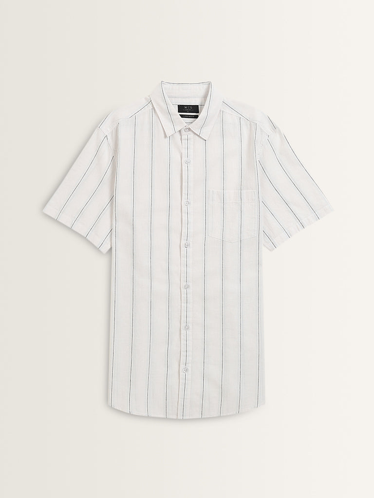 WES Casuals White Striped Slim-Fit Shirt