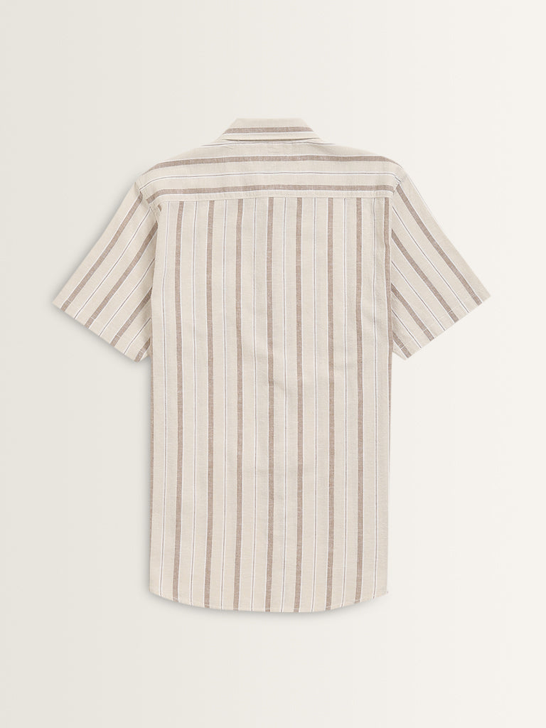 WES Casuals Beige Striped Slim-Fit Shirt