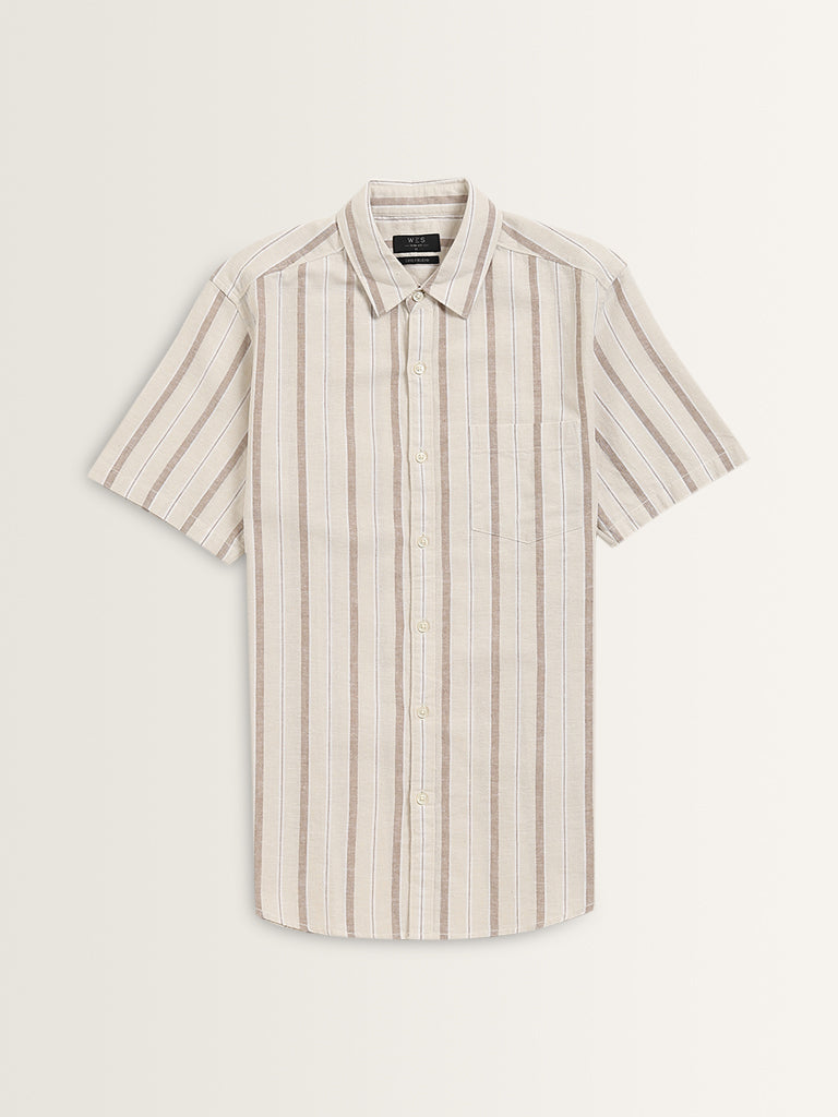 WES Casuals Beige Striped Slim-Fit Shirt