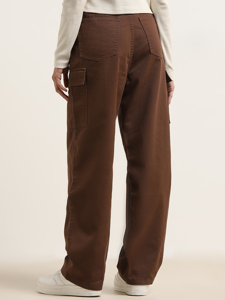 Nuon Dark Brown Cargo-Style High - Rise Relaxed - Fit Jeans