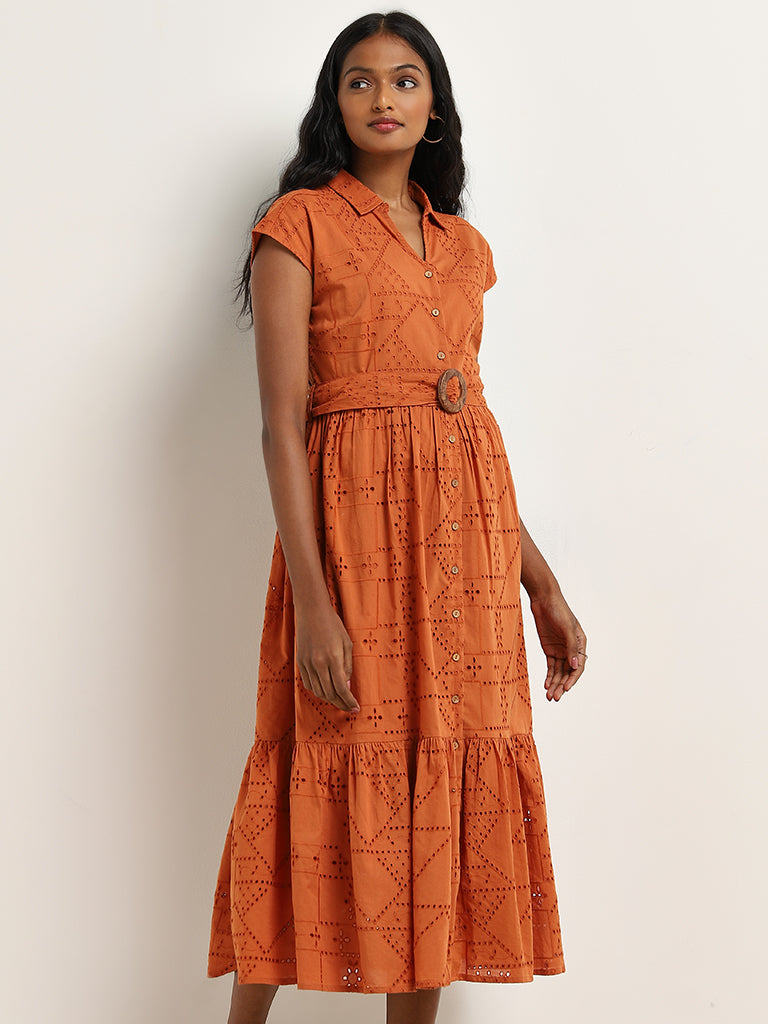 LOV Rust Schiffli Tiered Cotton Shirt Dress with Belt