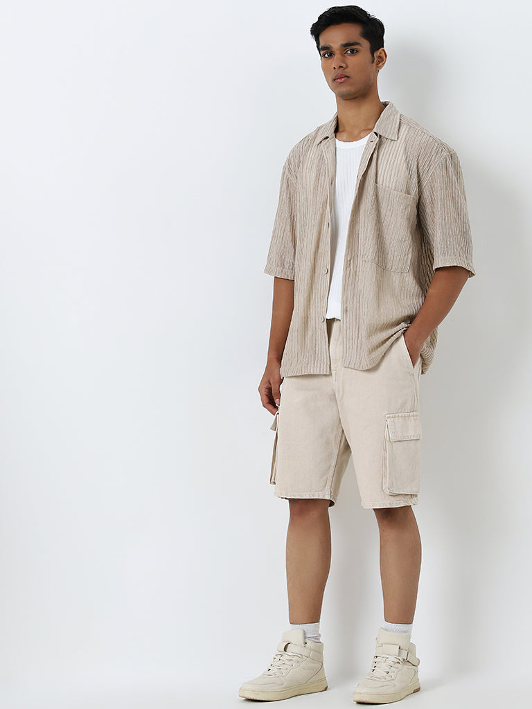 Nuon Beige Cargo-Style Mid-Rise Relaxed-Fit Cotton Shorts