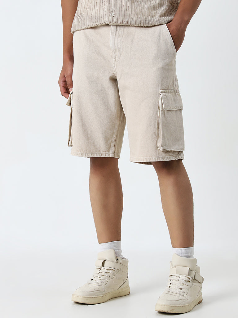 Nuon Beige Cargo-Style Mid-Rise Relaxed-Fit Cotton Shorts