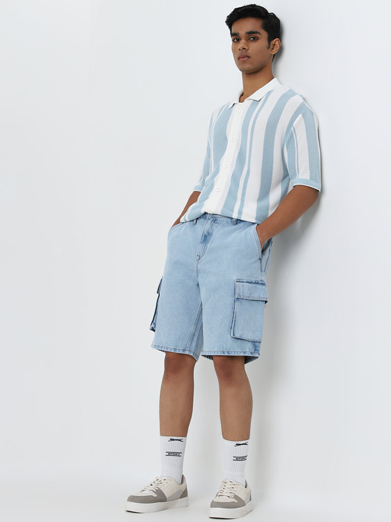 Nuon Light Blue Cargo-Style Mid-Rise Relaxed-Fit Shorts