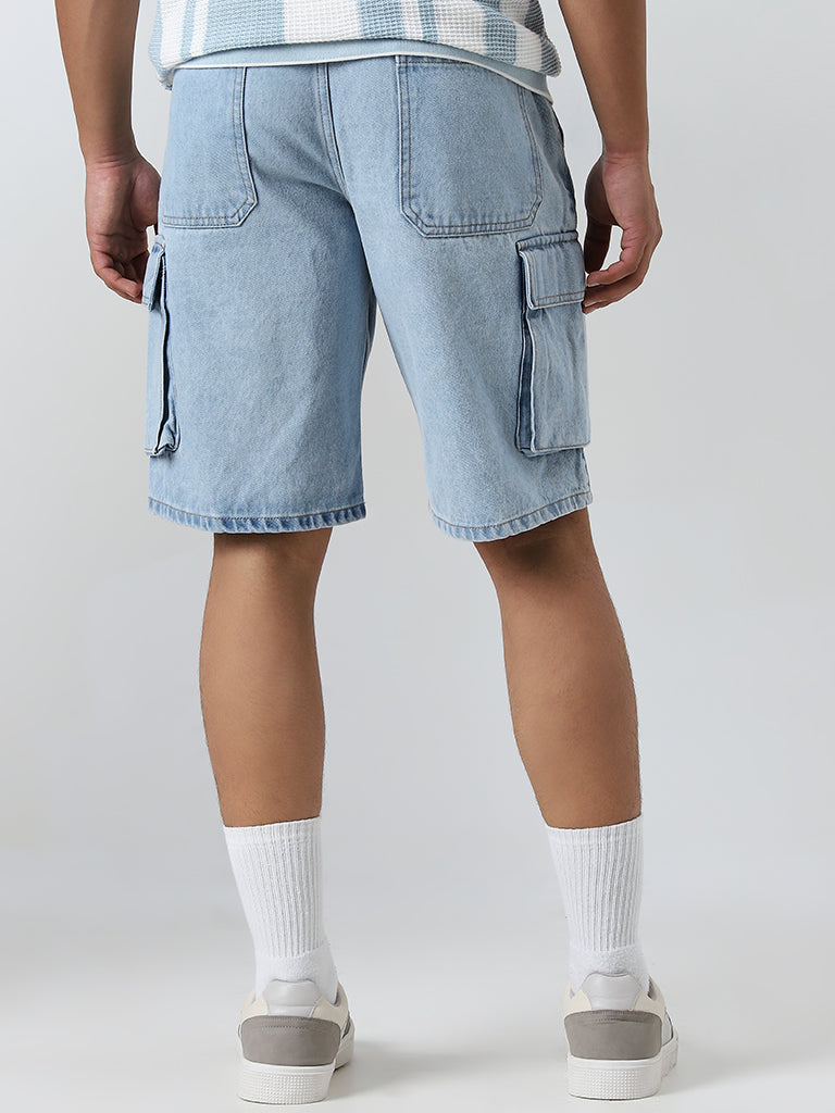 Nuon Light Blue Cargo-Style Mid-Rise Relaxed-Fit Shorts