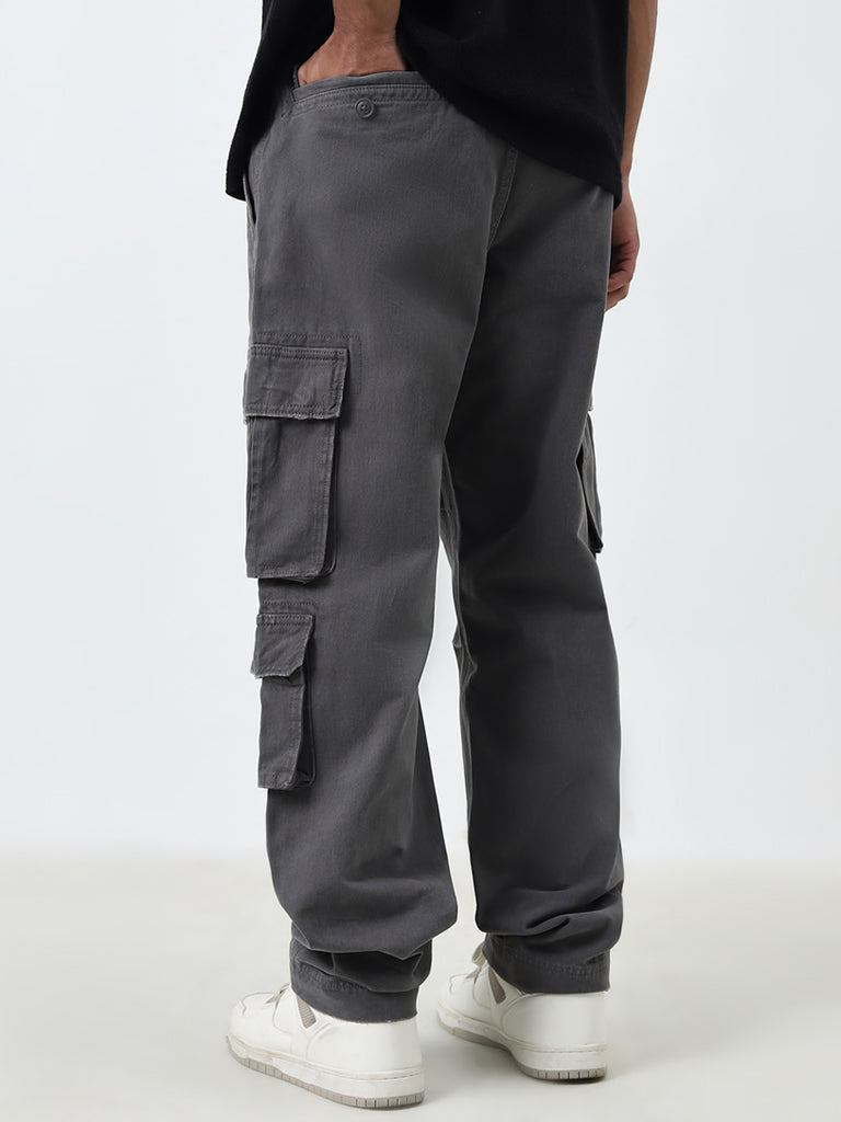 Nuon Grey Cargo-Style Relaxed-Fit Mid-Rise Cotton Pants