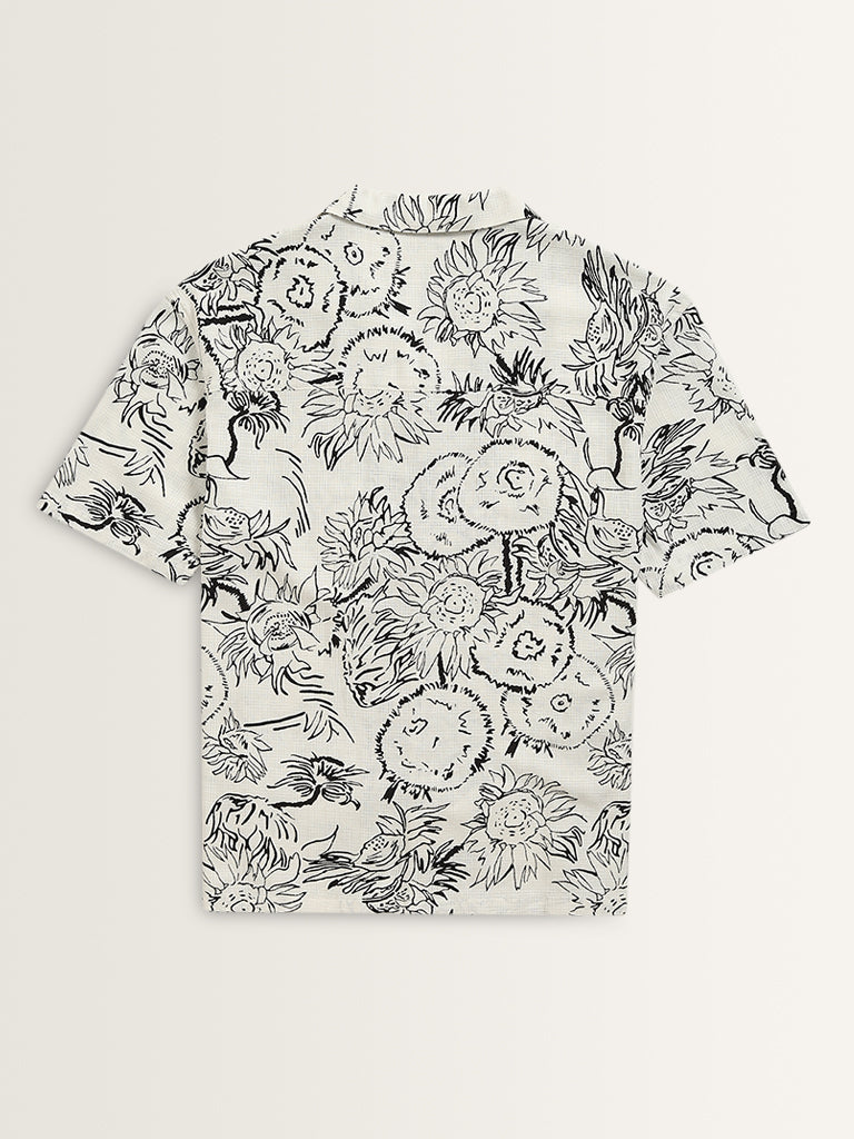 Nuon White Floral Printed Relaxed-Fit Shirt