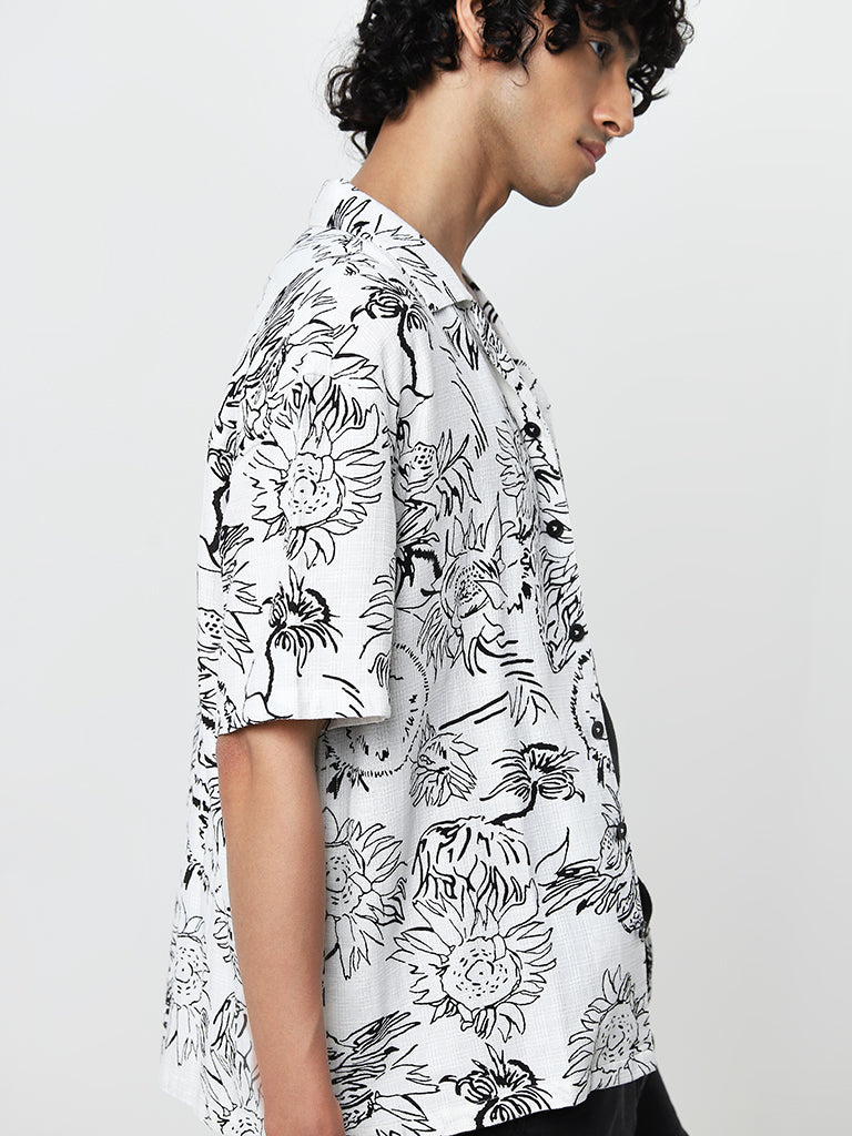 Nuon White Floral Printed Relaxed-Fit Shirt