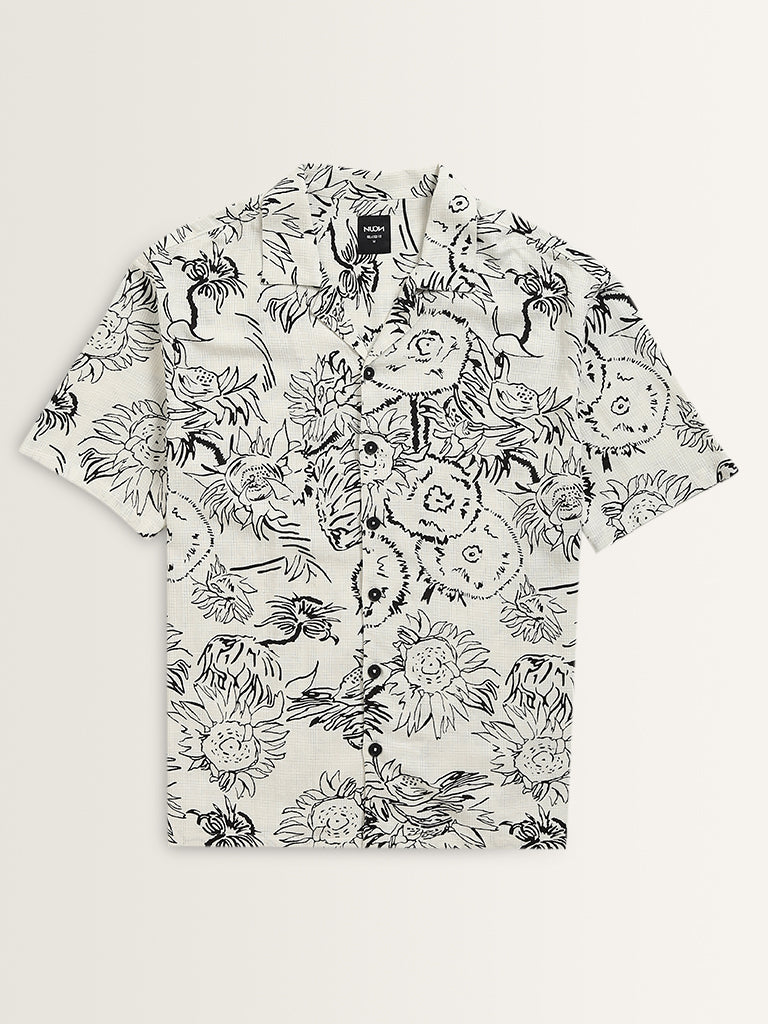 Nuon White Floral Printed Relaxed-Fit Shirt