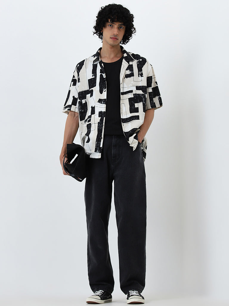 Nuon Black Abstract Printed Relaxed Fit Shirt