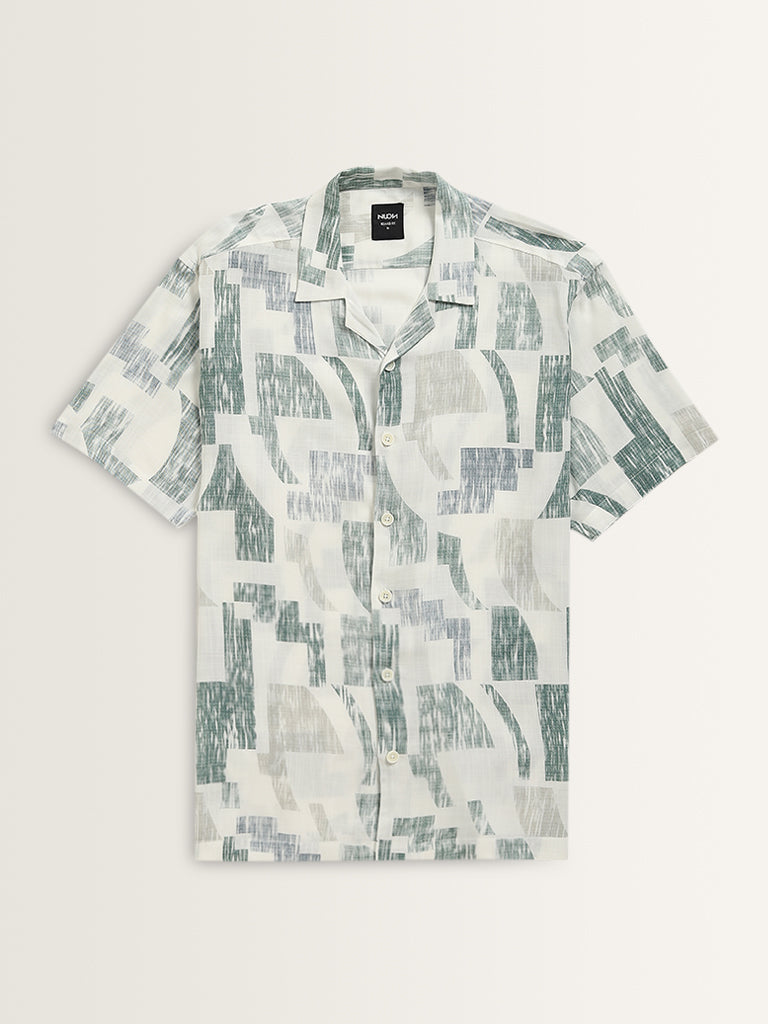 Nuon White Abstract Printed Relaxed Fit Shirt