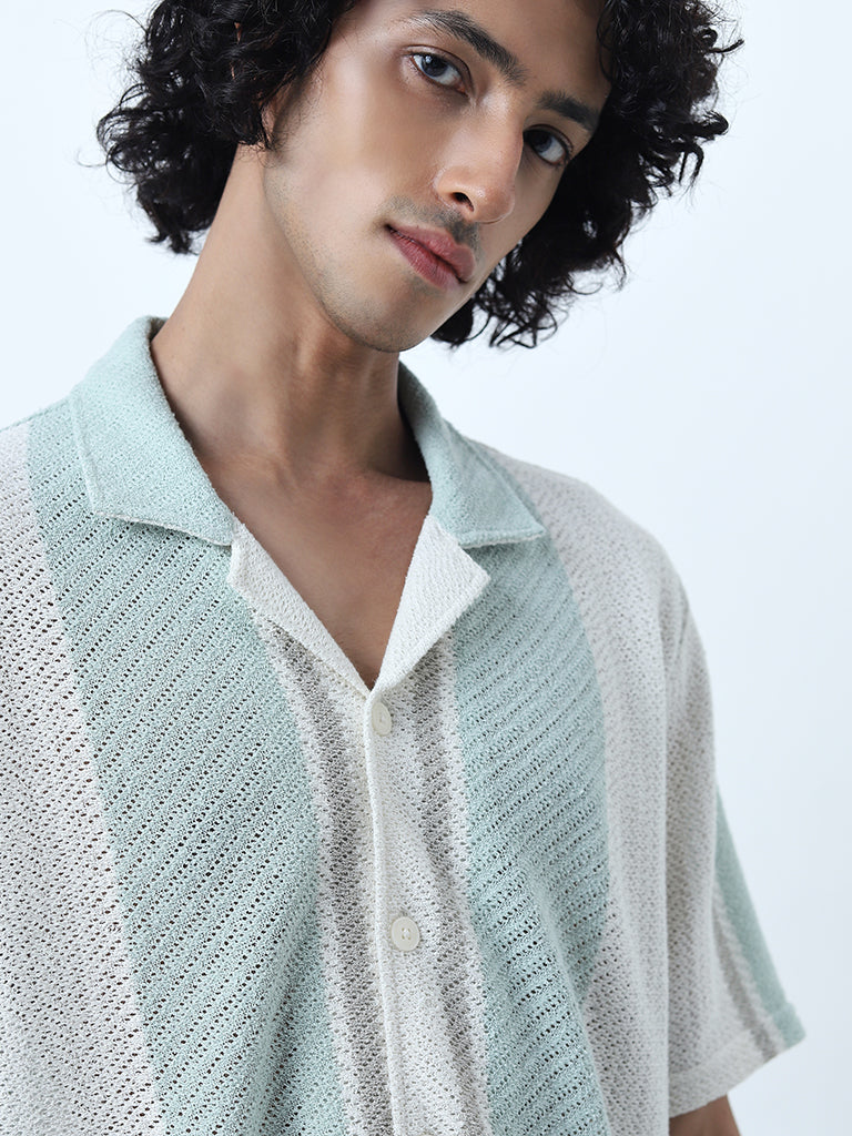 Nuon Mint Striped Knitted Relaxed-Fit Shirt