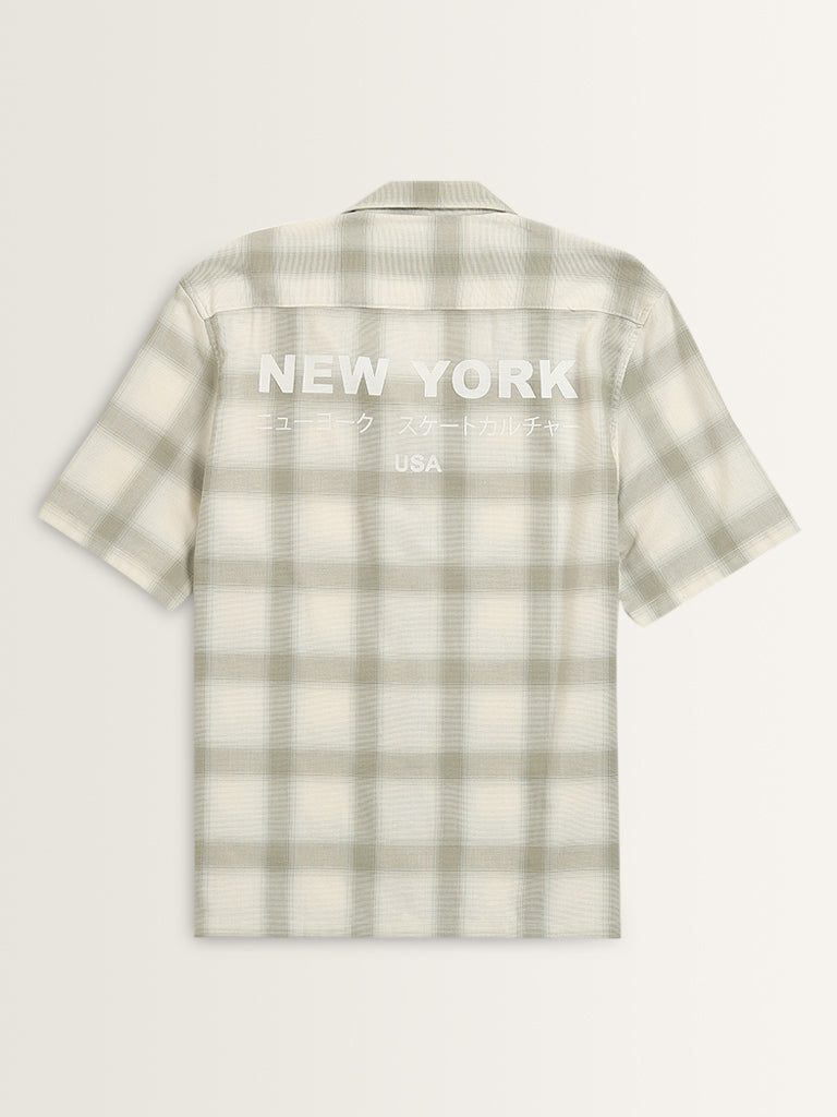 Nuon Sage Checkered Print Relaxed-Fit Cotton Shirt