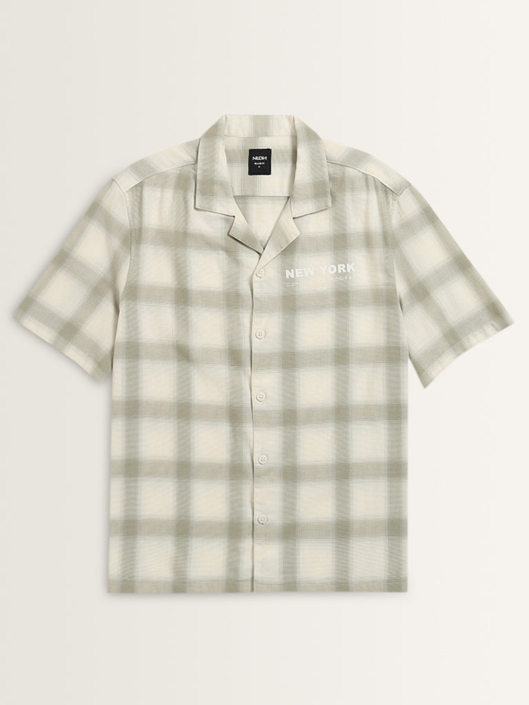 Nuon Sage Checkered Print Relaxed-Fit Cotton Shirt