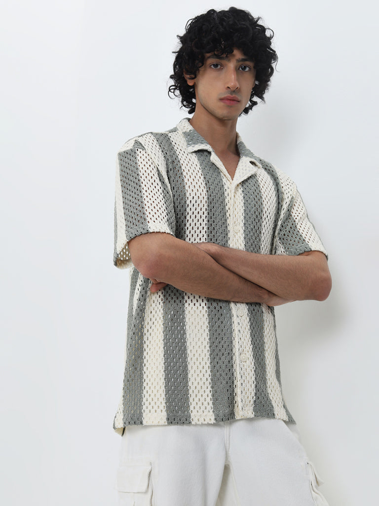 Nuon Sage Striped Knitted Relaxed-Fit Shirt