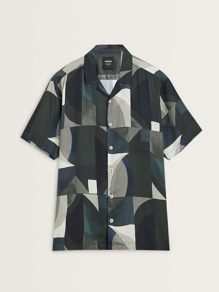 Nuon Olive Abstract Printed Relaxed-Fit Shirt