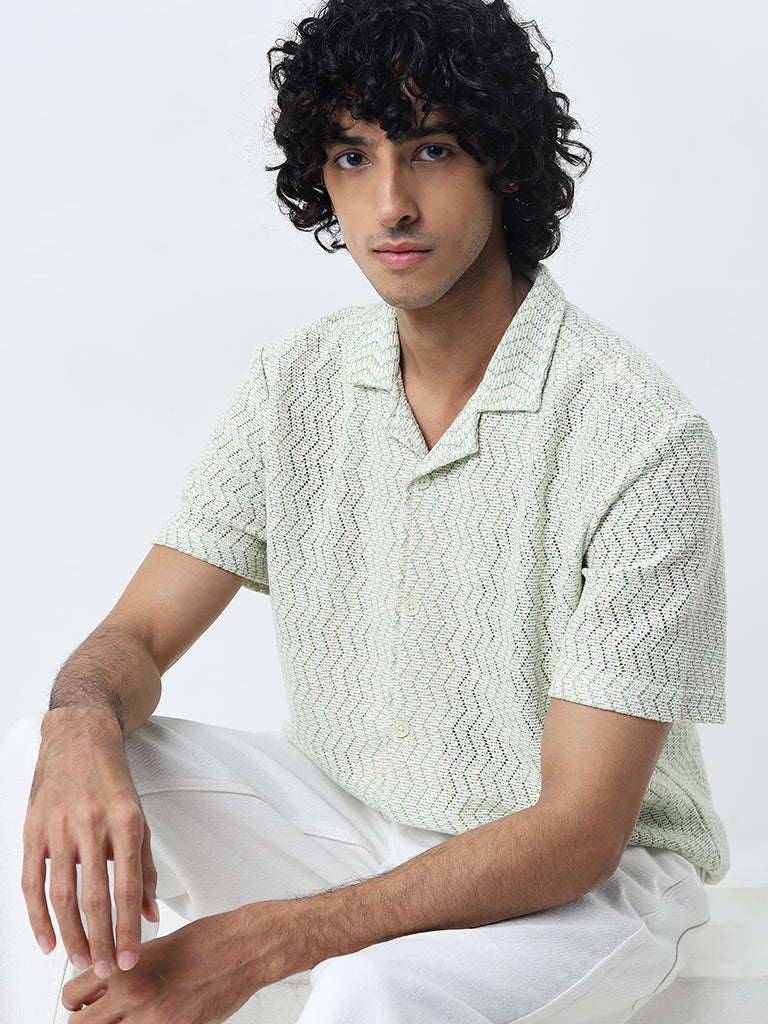 Nuon Light Green Knit-Textured Relaxed-Fit Shirt