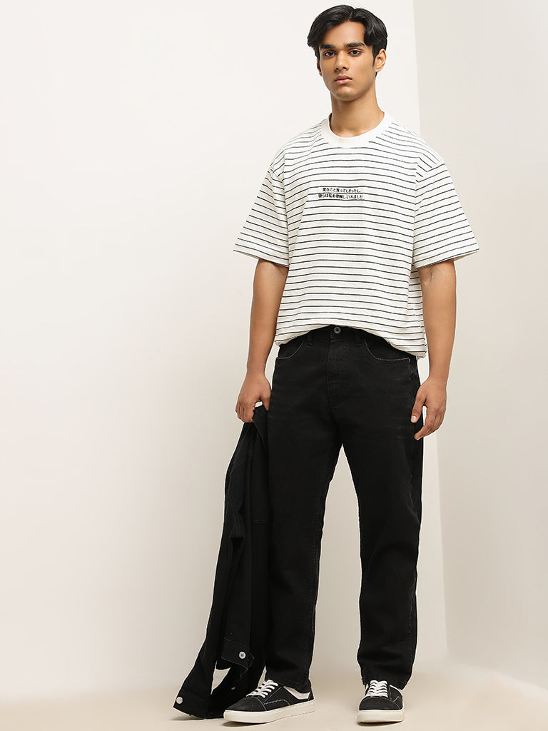 Nuon Off-White Striped Relaxed-Fit Cotton Blend T-Shirt