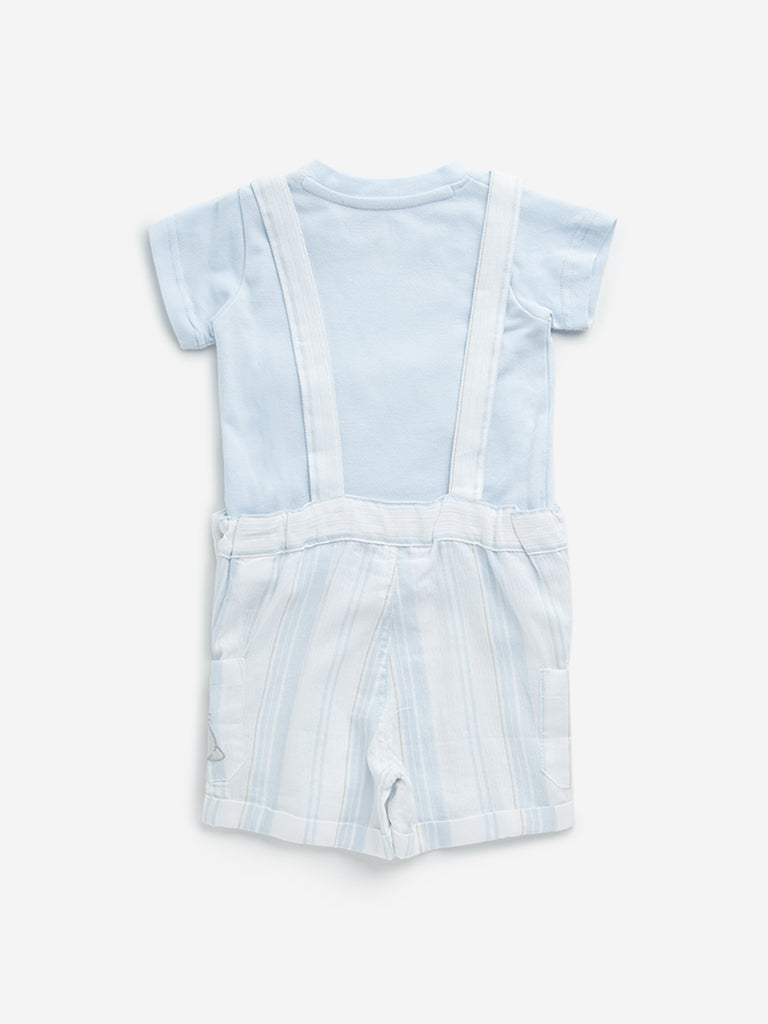 HOP Baby Light Blue Striped Cotton Dungaree & T-Shirt Set