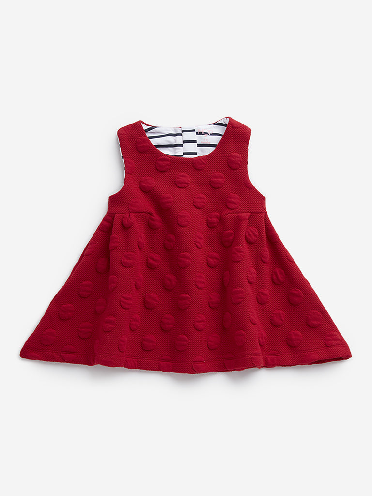 HOP Baby Red Self-Textured Cotton A-Line Dress