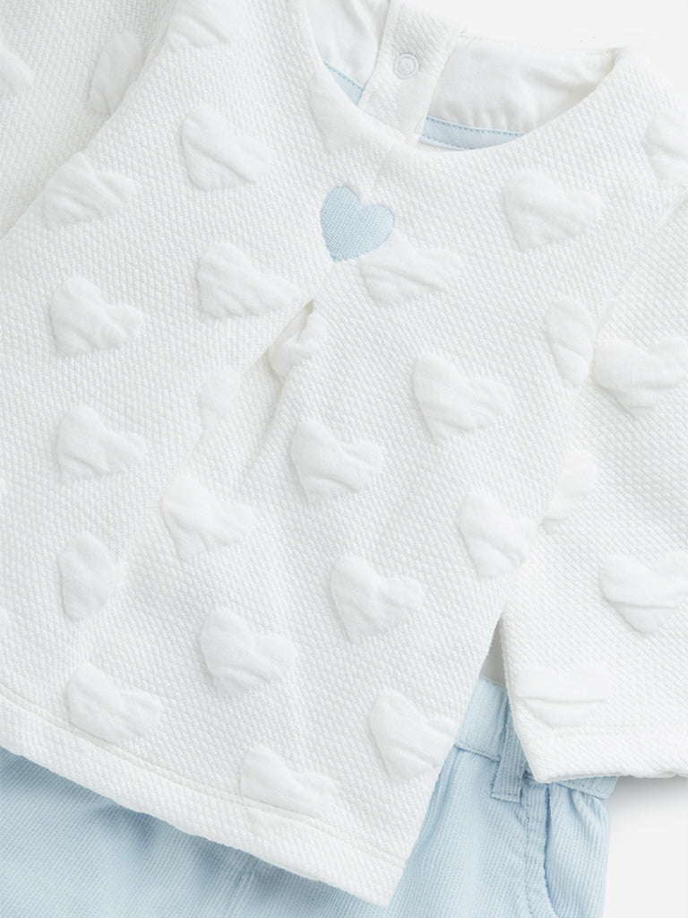 HOP Baby Blue & White Heart Embossed Top & Ribbed Pants Set