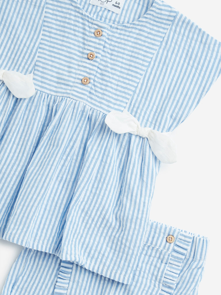 HOP Baby Blue Striped Cotton Top with Mid-Rise Shorts Set