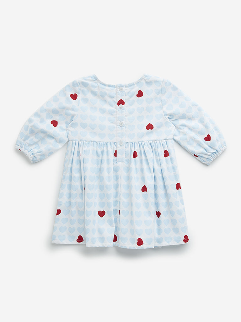 HOP Baby Light Blue Heart Printed A-Line Cotton Dress