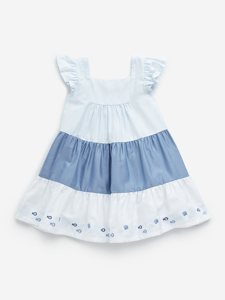 HOP Baby Blue Colour-Blocked Cotton Tiered Dress