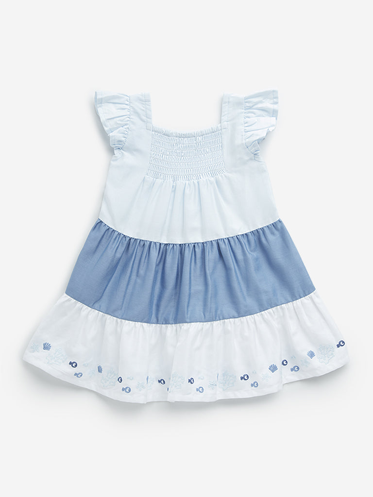 HOP Baby Blue Colour-Blocked Cotton Tiered Dress