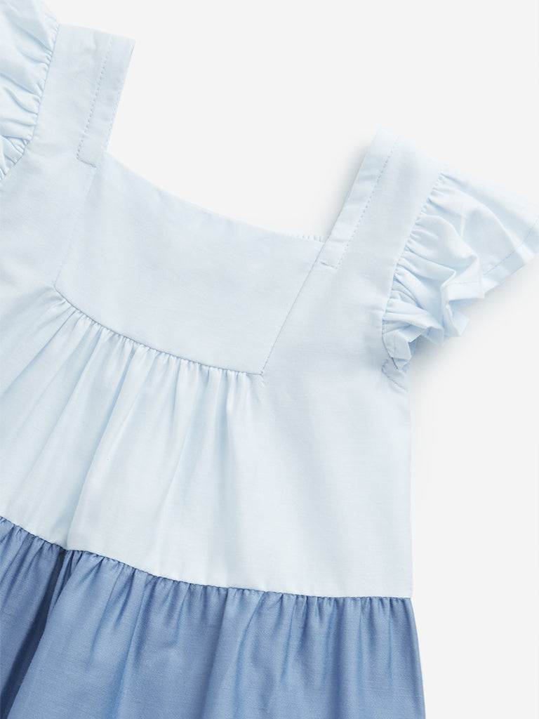 HOP Baby Blue Colour-Blocked Cotton Tiered Dress