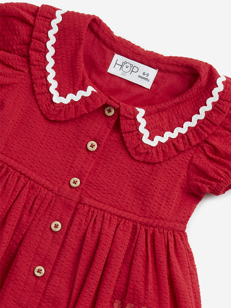 HOP Baby Red Floral Embroidered Cotton Shirt Dress