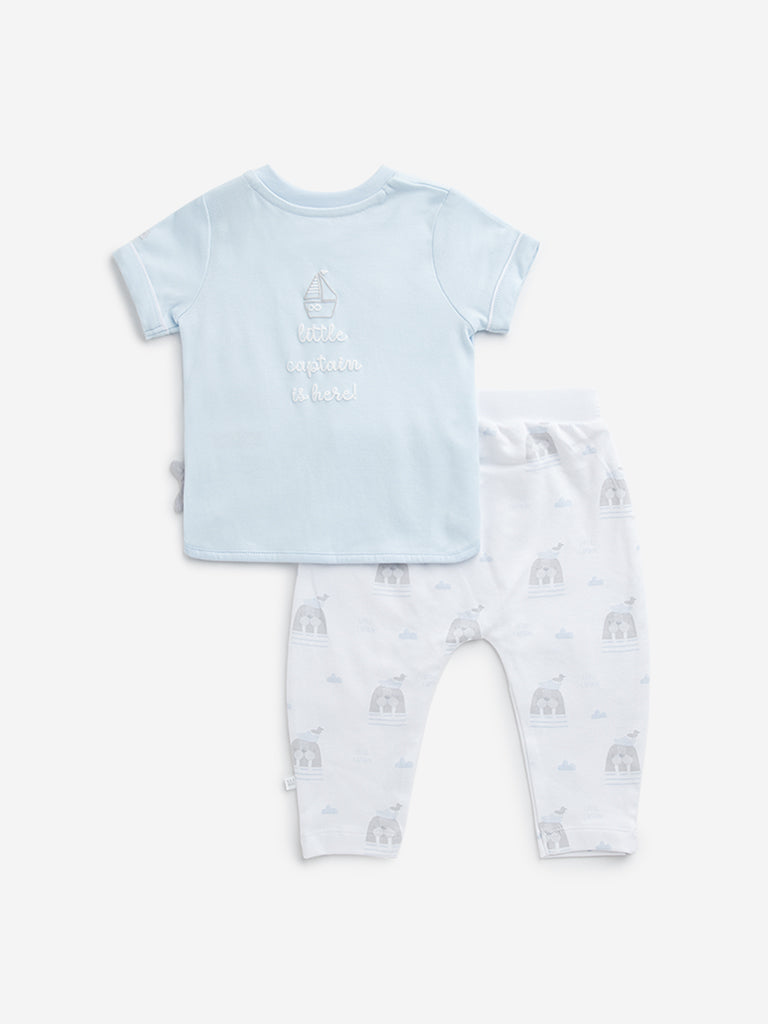 HOP Baby Light Blue Animal Print Cotton T-Shirt & Pants