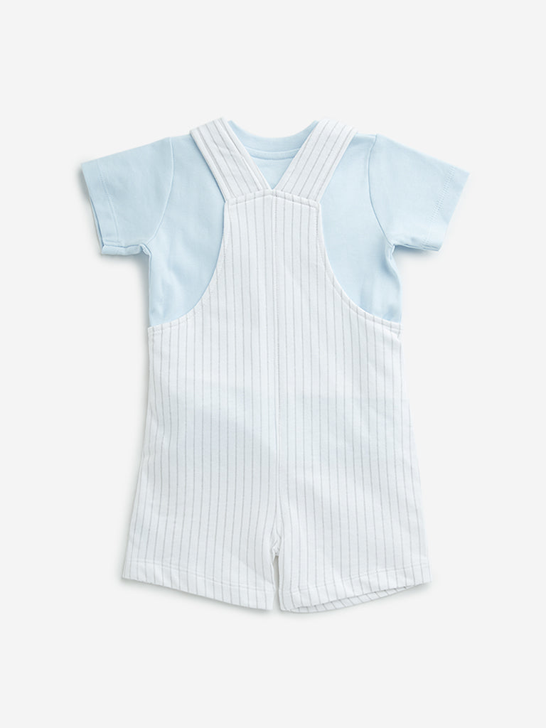 HOP Baby White Striped Dungaree with Cotton T-Shirt Set