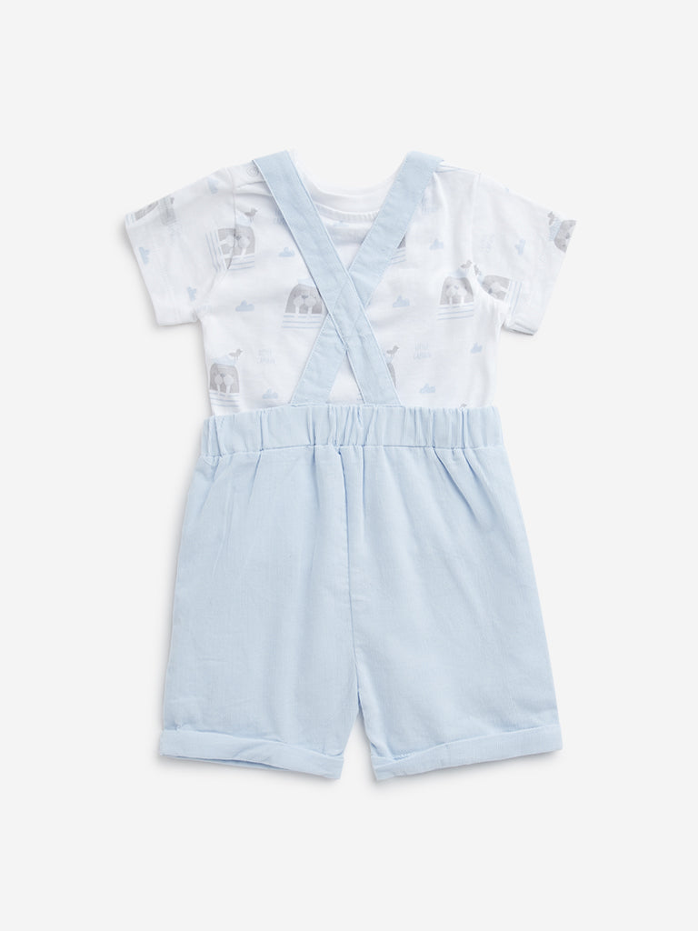 HOP Baby Light Blue Animal Print Dungaree & Cotton T-Shirt