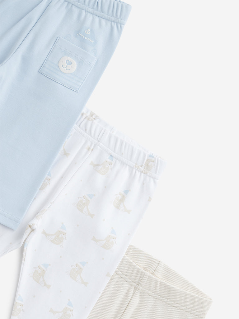 HOP Baby Light Blue Printed Cotton Pants - Pack of 3