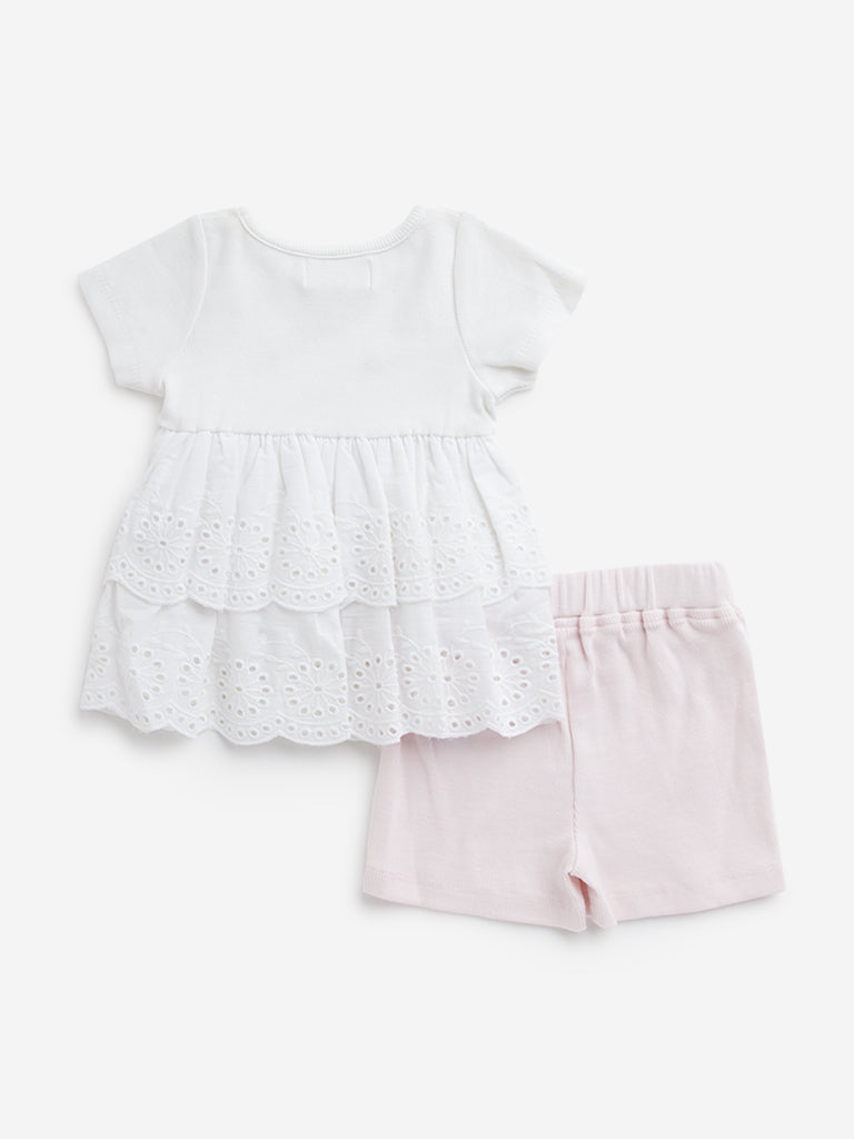 HOP Baby White Schiffli Cotton Blend Top with Shorts Set