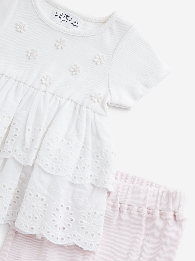 HOP Baby White Schiffli Cotton Blend Top with Shorts Set