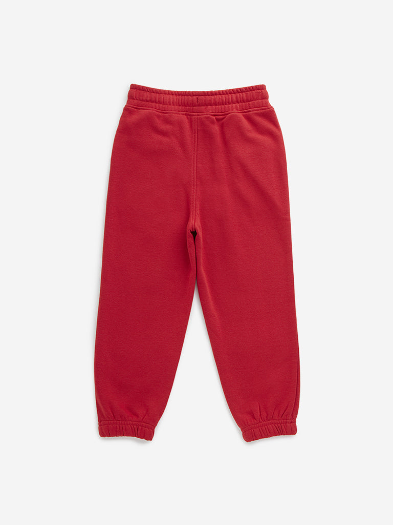 HOP Kids Red Text Printed Mid-Rise Cotton Blend Joggers