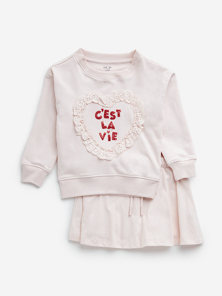 HOP Kids Light Pink Cotton Sweatshirt & Mid-Rise Skorts Set