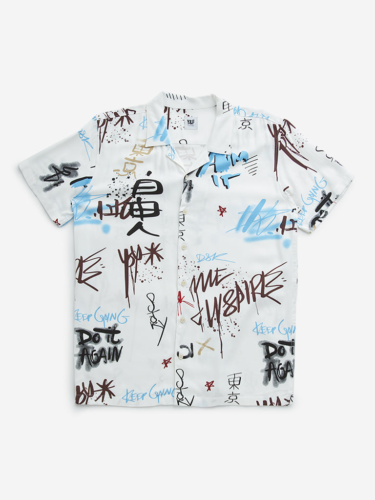 Y&F Kids Off-White Text Design Resort-Fit Shirt