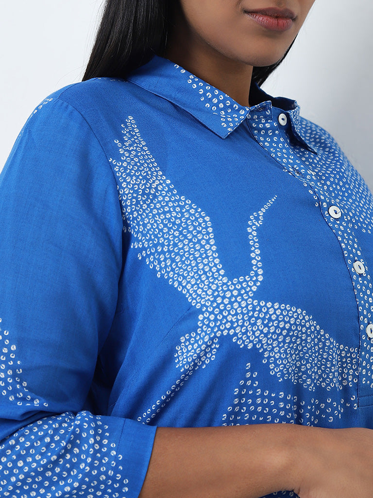 Diza Blue Bandhani Pattern A-Line Collared Cotton Kurta