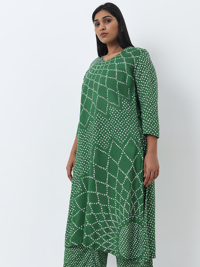 Diza Green Bandhani Printed A-Line Cotton Kurta