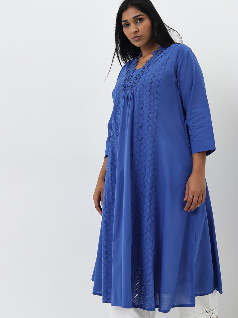 Diza Blue Schiffli Design A-Line Cotton Kurta