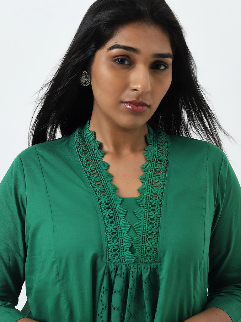 Diza Green Schiffli Design A-Line Cotton Kurta