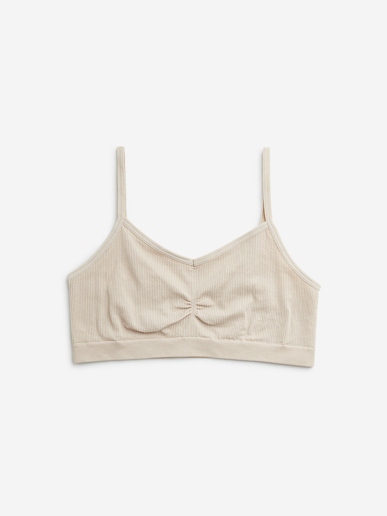 Y&F Kids Beige Ribbed-Textured Cotton Blend Crop Top